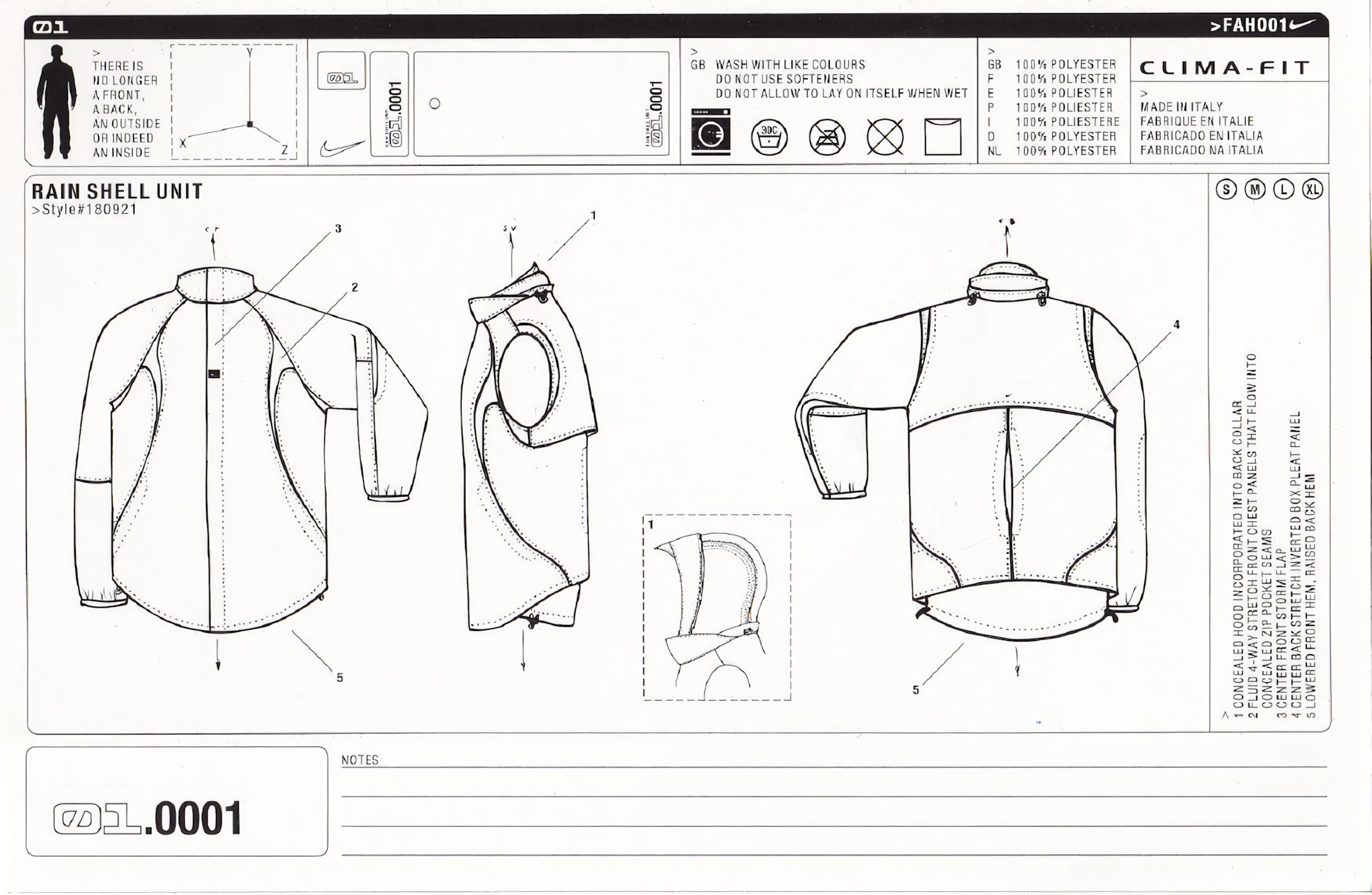 Nike Code Rain Shell Unit – Technical Spec Sheet #180921, Made in Italy, 2001