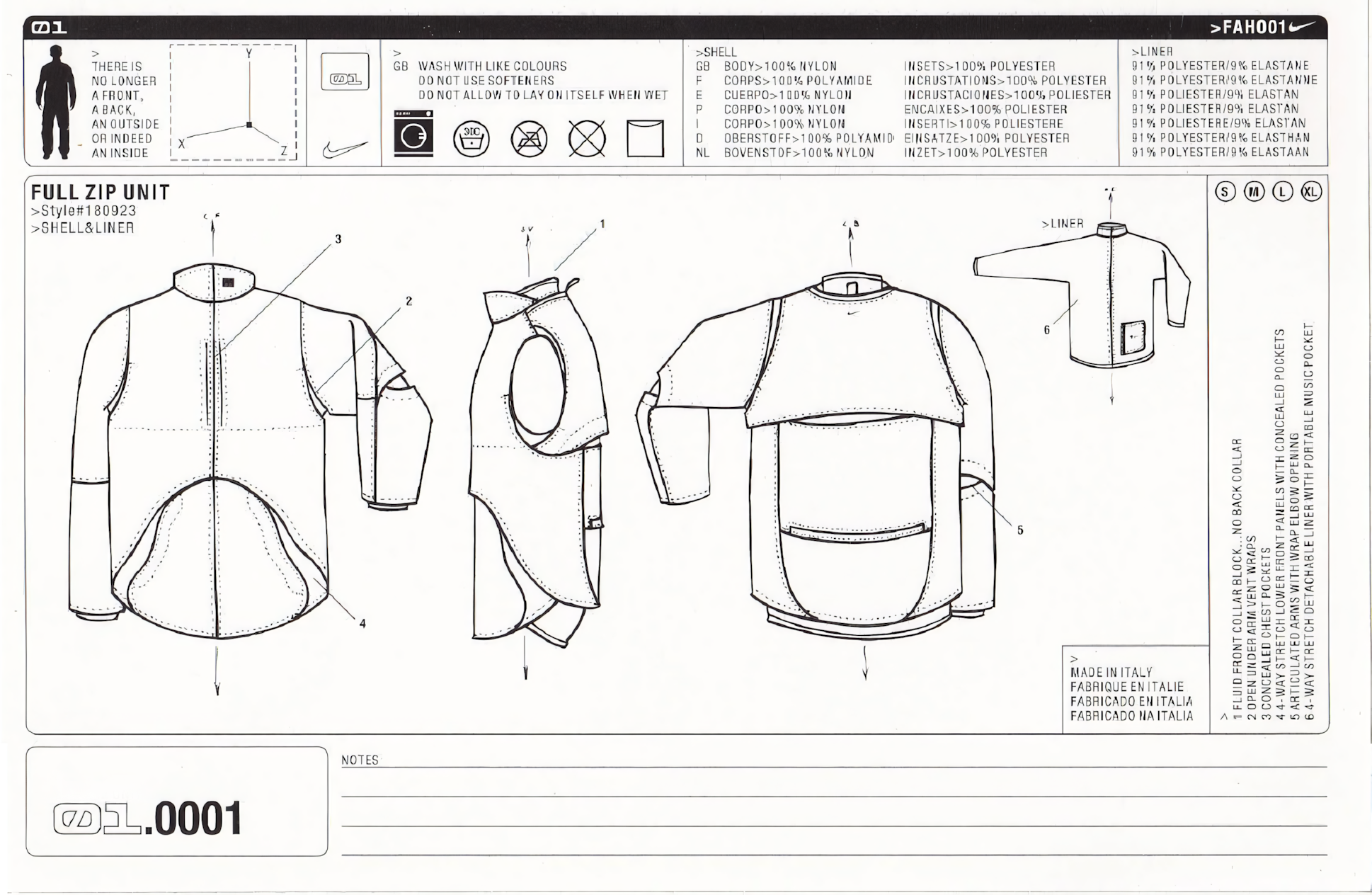 Nike Code Full Zip Unit – Technical Spec Sheet #180923, Made in Italy, 2001