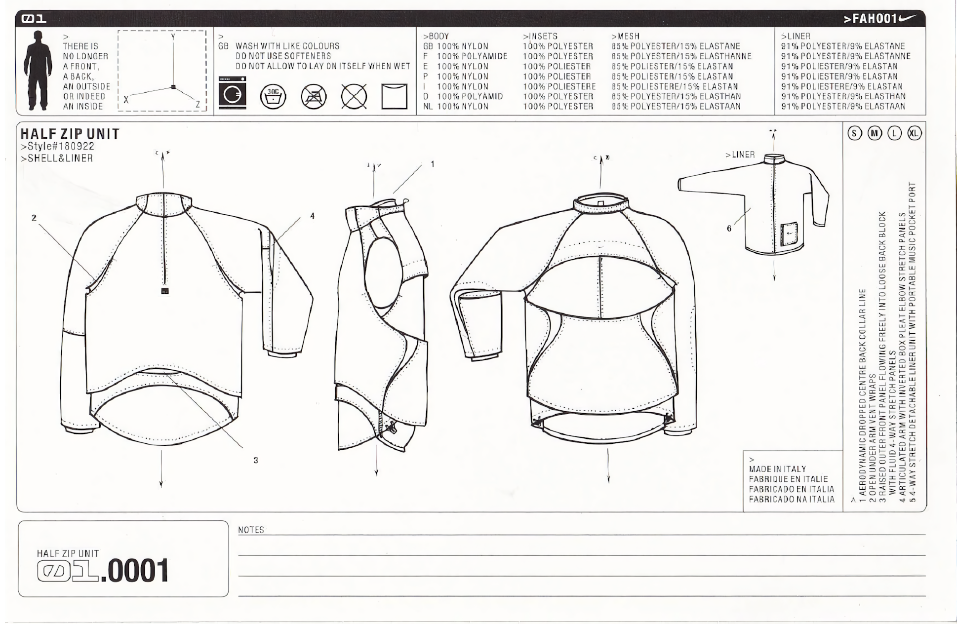 Nike Code Half Zip Unit – Technical Spec Sheet #180922, Made in Italy, 2001
