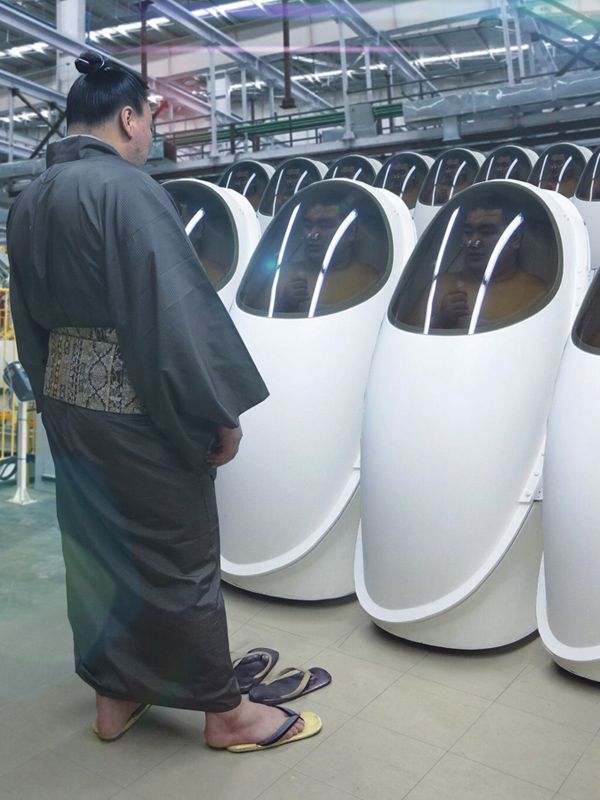A SUMO WRESTLER looking at his clones in a pods