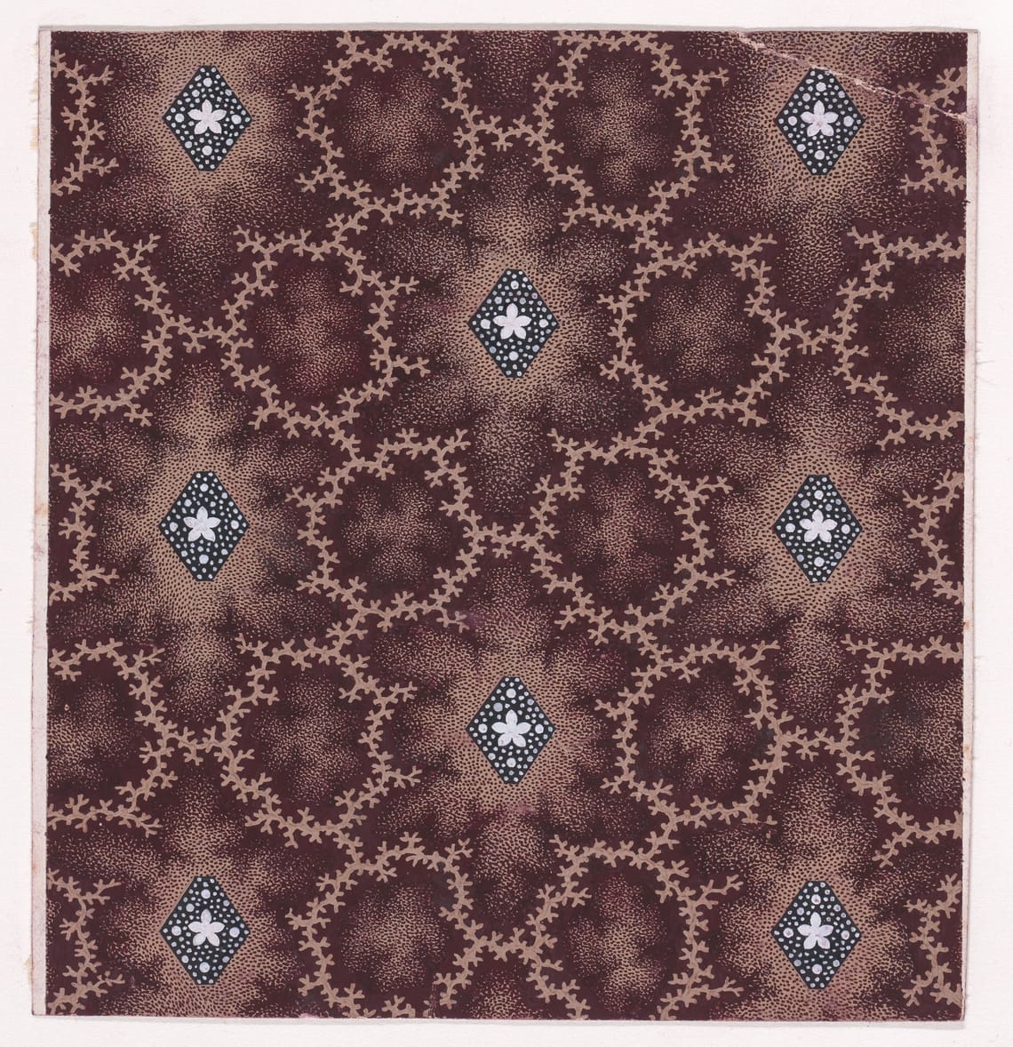Textile Design with Alternating Vertical Rows of Lozenges Decorated with Rosettes and Pearls Framed by Interlacing Garlands of Branches