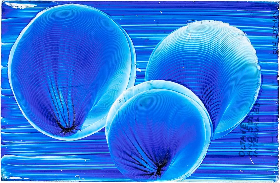 Three pitches in an Impression Figure by Margaret Watts Hughes, pigment on glass, Margaret Watts Hughes, date unknown.